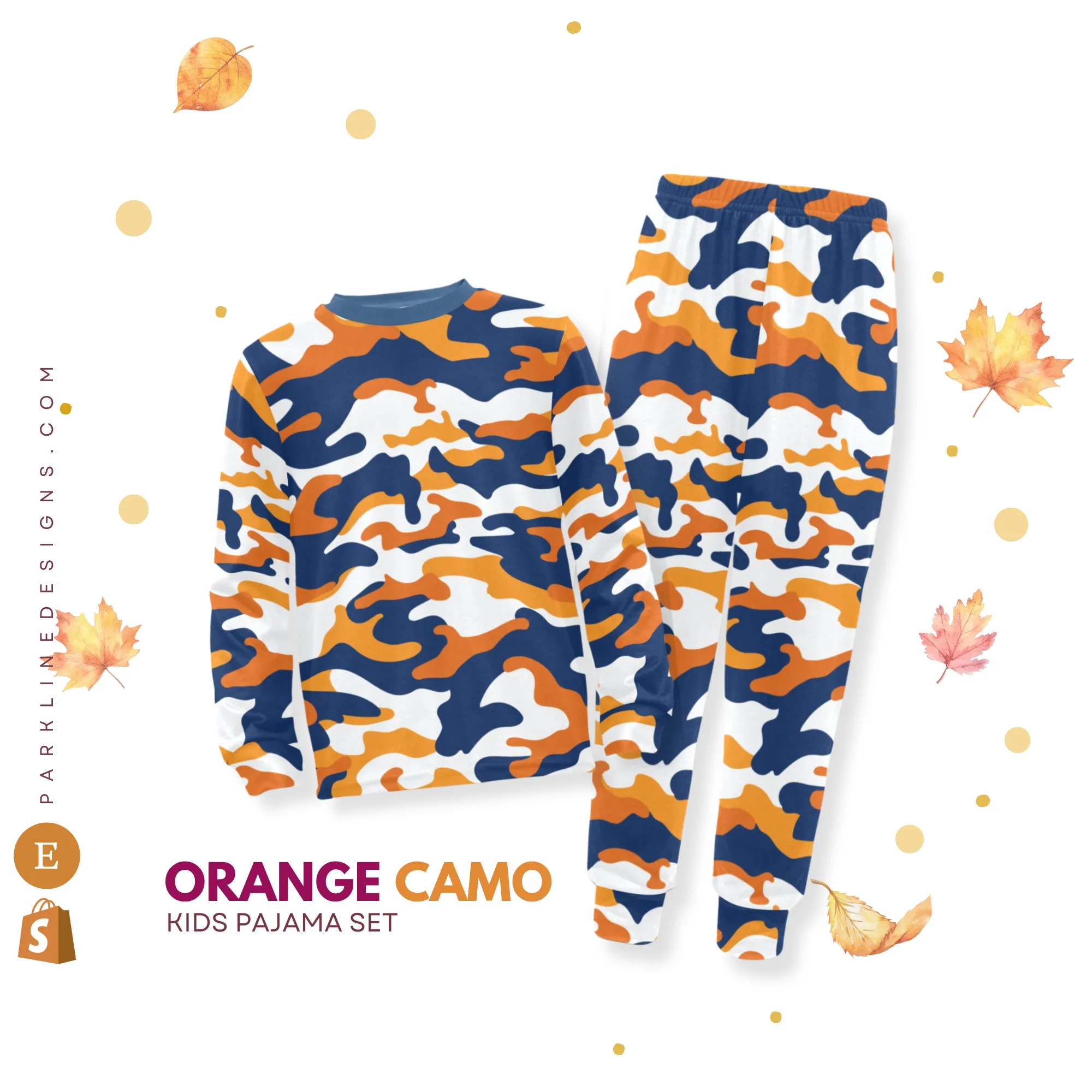 Orange Camo Boys' Pajama Set |  | Crew Neck Long Pajama Set | Soft Long Sleeve Sleepwear for Lounging and Relaxing
